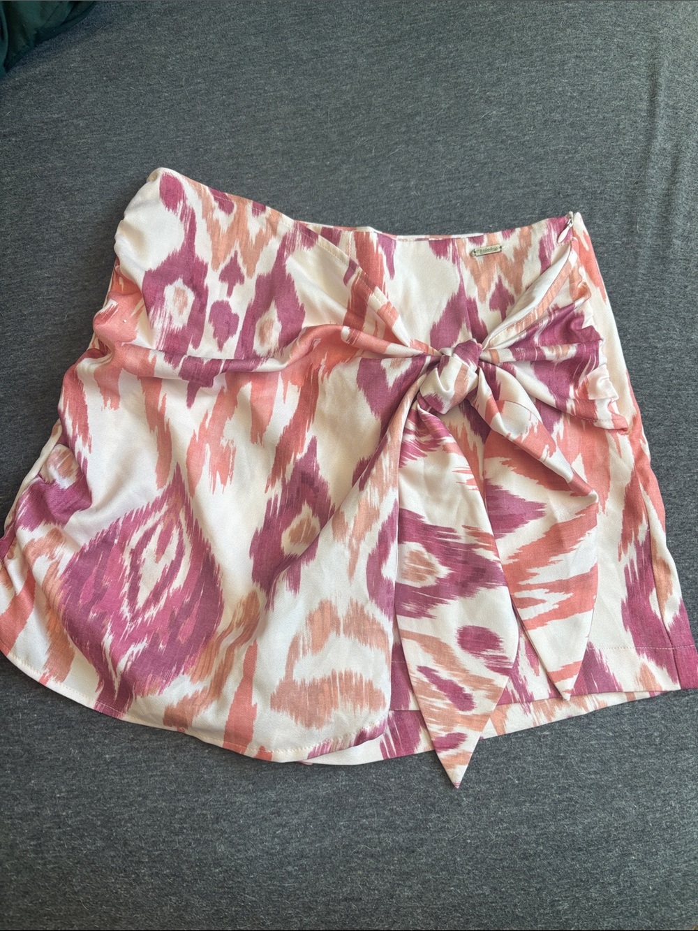 Knot-Front Mini Skirt/Skort in Pink & Peach Ikat Print